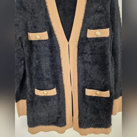 L'AGENCE 'Elin' 4-Pocket Fuzzy Cardigan Sweater, Black/Camel M,XL